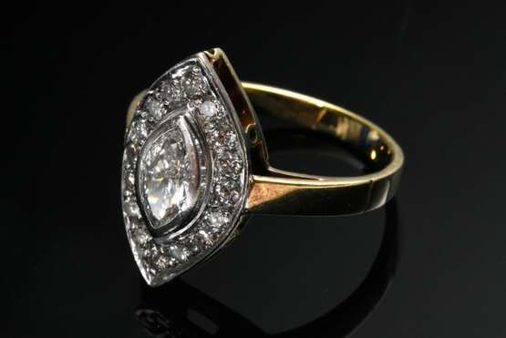 Gelb- und Weißgold 585 Ring mit Diamant im Navetteschliff (ca. 0.55ct/VVSI/W) und Brillantrahmung (zus. ca. 0.47ct/VSI/W), 5,2g, Gr. 61 - Foto 2