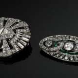 2 Teile Art Deco Silber 935 Modeschmuck von Knoll & Pregizer, Pforzheim: 1 Nadel in Schiffchenform (L. 4,5cm, 1 Stein fehlt) und 1 Doppel-Clip Brosche (Ø 3,8cm, auseinandernehmbar), jeweils sign. - photo 2