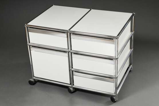 USM Haller Doppelschrank in weiß auf Rollen mit 5 Schubladen (4x abschließbar, 1x mit Aktenaufhängung), Aufkleber: "USM Haller Möbelbausysteme", 61x80x52cm, Schlüssel fehlen, Gebrauchsspuren - Foto 2