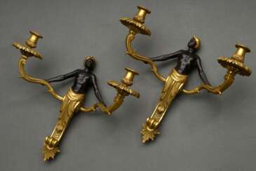Paar figürliche 2flammige Wandarme mit turbantragenden Hermen und Blattvoluten, Bronze feuervergoldet und patiniert, 20.Jh., 30x36x13,5cm, leicht berieben