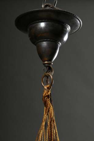 Fortuny "Scrudo Saraceno" Deckenlampe, Seide Gold bedruckt, aufgehängt an 14 Kordeln, Venedig 20.Jh., Ø 77,5cm, H. ca. 120cm, (variabel) - photo 5