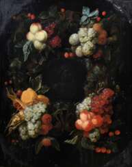 Son, Joris van (1623-1667) „Fruchtgirlande um Reliefbüste“ 1659, Öl/Leinwand doubliert, ehemals oval gerahmt, u.l. sign./dat., Prunkrahmen (kleine Defekte), 72x56,5cm (m.R. 94x76cm), kleine Defekte der Maloberfläche, rest.