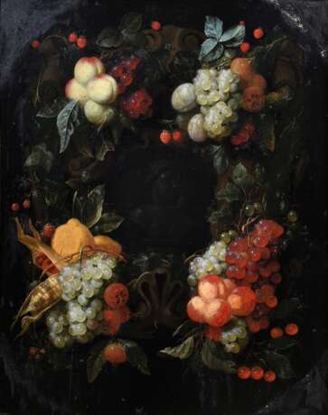 Son, Joris van (1623-1667) „Fruchtgirlande um Reliefbüste“ 1659, Öl/Leinwand doubliert, ehemals oval gerahmt, u.l. sign./dat., Prunkrahmen (kleine Defekte), 72x56,5cm (m.R. 94x76cm), kleine Defekte der Maloberfläche, rest. - photo 1