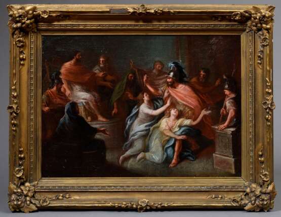 Tiepolo, Giovanni Battista (1696-1770) Nachfolge/Umkreis „Tod der Verginia“, Öl/Leinwand doubliert, Italien 18.Jh., verso auf Klebeetikett bez./dat. (1720), vegetabiler Prunkrahmen (kleine Defekte), 47,5x61cm (m.R. 61,5x77cm), Craquelé, Maloberfläche lei - photo 2
