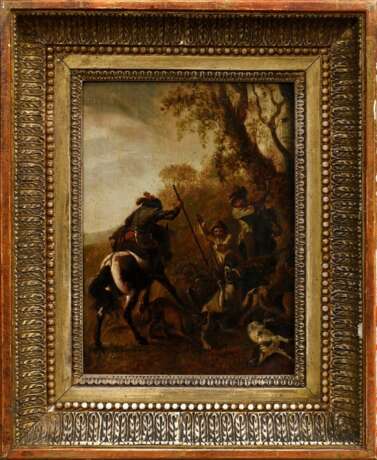 Wouwerman, Philips (1619-1668) „Wolfsjagd“, Öl/Holz, u.l. monogr., verso Restaurationsvermerk von 1836 und Klebeetikett "Galerie Commeter/Hbg.", 24,3x17,8cm (m.R. 36x29,3cm), rest., min. Altersspuren - Foto 2