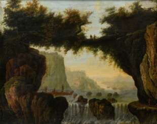 Unbekannter Künstler um 1780 "Ideale Landschaft mit Wasserfall und Personenstaffage", Öl/Leinwand, 44x53,8cm (m.R. 51x61,5cm), kleine Defekte der Maloberfläche, rest.