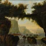 Unbekannter Künstler um 1780 "Ideale Landschaft mit Wasserfall und Personenstaffage", Öl/Leinwand, 44x53,8cm (m.R. 51x61,5cm), kleine Defekte der Maloberfläche, rest. - photo 1
