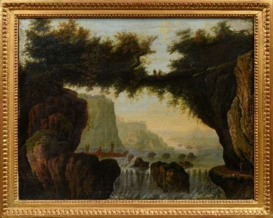 Unbekannter Künstler um 1780 "Ideale Landschaft mit Wasserfall und Personenstaffage", Öl/Leinwand, 44x53,8cm (m.R. 51x61,5cm), kleine Defekte der Maloberfläche, rest. - photo 2