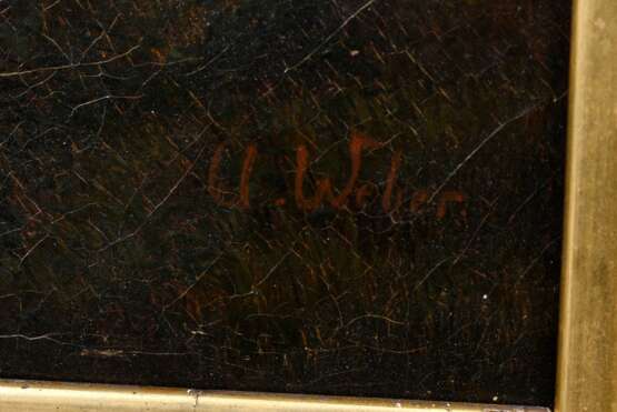 Weber, August (1817-1873) "Ländliche Idylle mit Personenstaffage", Öl/Leinwand, u.r. sign., 28,6x39,5cm (m.R. 34x44,5cm), min. Defekte der Maloberfläche, Craquelé - photo 3