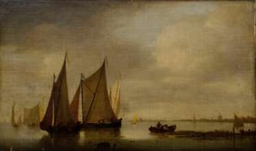 Cuyp, Albert (1620-1691) zugeschrieben „Segler auf dem Ijsselmeer“, Öl/Leinwand, doubliert, verso auf Klebeetikett bez., niederländische Wellenleiste (min. Defekte), 38x63,8cm (m.R. 50x77cm), kleine Defekte der Maloberfläche