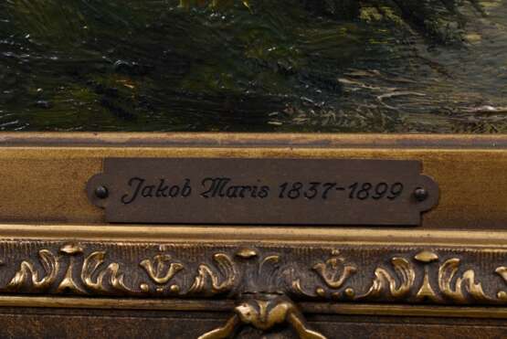 Maris, Jacob Henricus (1837-1899) bzw. Atelier "Müllerin in Mühlenlandschaft", Öl/Holz, u.l. Stempel "Atelier J Maris" über Signaturresten "J Maris", verso auf Klebeetikett bez., Prunkrahmen (kleine Defekte), 19,5x31cm (m.R. 41,5x52,3cm) - photo 4