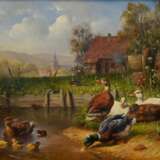 Jutz, Carl d. Ä. (1838-1916) "Enten und Küken am Hofteich", Öl/Holz, u.l. sign., 19,5x26cm (m.R. 32x38cm) - Foto 1