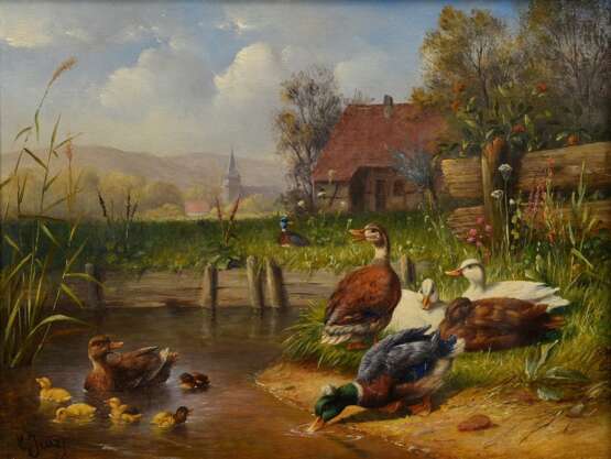 Jutz, Carl d. Ä. (1838-1916) "Enten und Küken am Hofteich", Öl/Holz, u.l. sign., 19,5x26cm (m.R. 32x38cm) - Foto 1