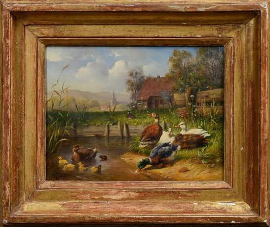 Jutz, Carl d. Ä. (1838-1916) "Enten und Küken am Hofteich", Öl/Holz, u.l. sign., 19,5x26cm (m.R. 32x38cm) - Foto 2