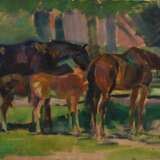 Fredderich, Rudolf (1886-1976) “Pferde mit Fohlen an der Tränke“, Öl/Malpappe, 39,5x46,5cm, div. Randdefekte, kleines Loch (5mm) - photo 1