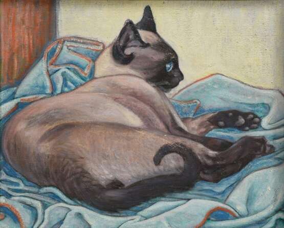 Fredderich, Rudolf (1886-1976) “Siam Katze auf Decke“, Öl/Leinwand auf Platte kaschiert, 39,5x49cm (m.R. 42x51,5cm), leicht berieben - photo 1