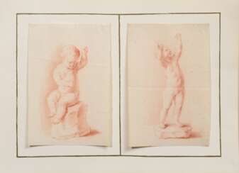 2 Rötelzeichnungen eine unbekannten Künstlers des 18.Jh. "Putti Studien", zusammen auf Papier montiert, Wasserzeichen "IFQ" (1769-1779) und "CFM"mit Beizeichen, je ca. 32x21,5cm (45x62,5cm), min. fleckig, leichte Altersspuren