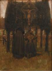 Leemputten, Frans van (1850-1914) "Zwei Frauen am Wegkreuz" 1911, Aquarell/Kohle/Farbkreide, u.l. sign., 77,5x63,5cm (m.R. 90x76cm), Defekte