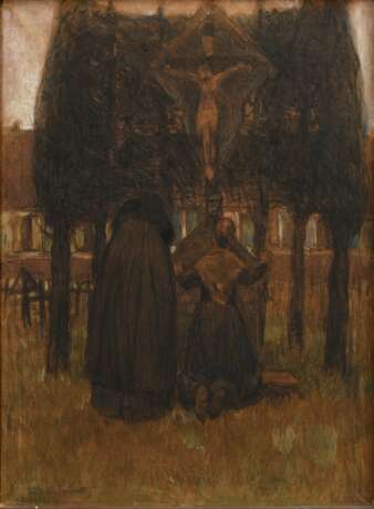 Leemputten, Frans van (1850-1914) "Zwei Frauen am Wegkreuz" 1911, Aquarell/Kohle/Farbkreide, u.l. sign., 77,5x63,5cm (m.R. 90x76cm), Defekte - фото 1