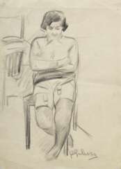 Unbekannter Künstler des 20.Jh. "Sitzende Frau mit Strapsen", Kohle, u.r. unleserlich sign., in silberner Hohlkehle (Alterspatina), 31,2x22cm (m.R. 53,7x42,3cm), knickspurig, min. fleckig