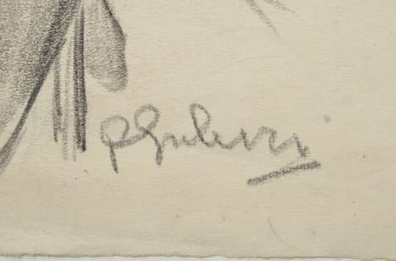 Unbekannter Künstler des 20.Jh. "Sitzende Frau mit Strapsen", Kohle, u.r. unleserlich sign., in silberner Hohlkehle (Alterspatina), 31,2x22cm (m.R. 53,7x42,3cm), knickspurig, min. fleckig - Foto 3