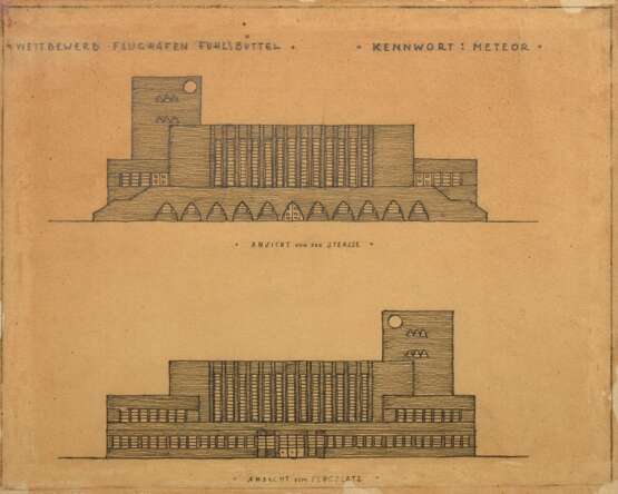 Schumacher, Fritz (1869-1947) Umkreis "Architekturentwurf für den Wettbewerb Flughafen Fuhlsbüttel, Kennwort Meteor" um 1920/25, Bleistift/Karton, im Passepartout montiert, 33,4x41,4cm (m.PP. 41,5x51,5cm) - photo 1