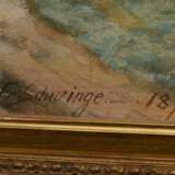 Schwinge, Friedrich Wilhelm (1852-1913) "Weg am Fluss mit Bäuerin" 1897, Gouache, u.r. sign./dat., verso bez., Prunkrahmen, 52,5x75,5cm (m.R. 70x93,5cm), min. fleckig - Foto 3