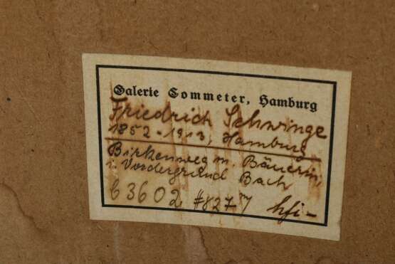 Schwinge, Friedrich Wilhelm (1852-1913) "Weg am Fluss mit Bäuerin" 1897, Gouache, u.r. sign./dat., verso bez., Prunkrahmen, 52,5x75,5cm (m.R. 70x93,5cm), min. fleckig - photo 6