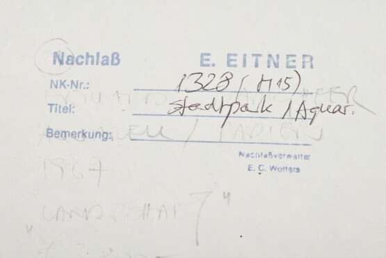 Eitner, Ernst (1867-1955) „Stadtpark“ um 1935, Aquarell, u.l. sign., verso Nachlassangabe, BM 22,7x30,4cm (m.R. 52x63,5cm) - фото 4