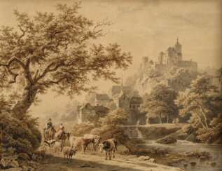 Koekkoek, Barend Cornelis (1803-1862) „Landschaft mit Herde, Dorf und Burg“ 1848, Tinte/Aquarell, u.l. sign./dat., verso Klebeetiketten "Galerie Commeter/Hbg.", Prunkrahmen (min. berieben), 33,4x41,3cm (m.R. 44x52,5cm), min. Defekte
