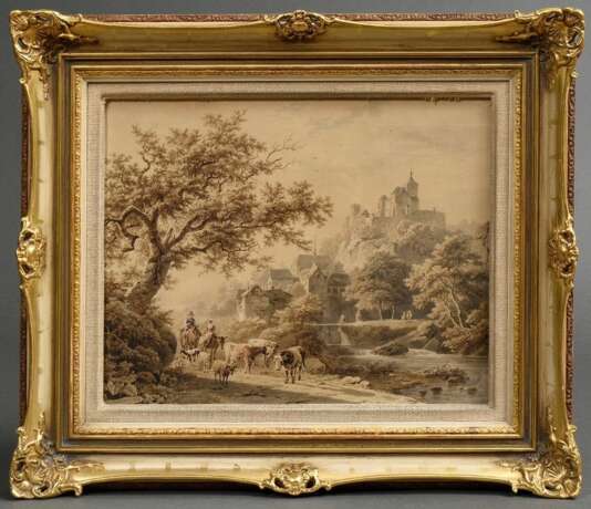 Koekkoek, Barend Cornelis (1803-1862) „Landschaft mit Herde, Dorf und Burg“ 1848, Tinte/Aquarell, u.l. sign./dat., verso Klebeetiketten "Galerie Commeter/Hbg.", Prunkrahmen (min. berieben), 33,4x41,3cm (m.R. 44x52,5cm), min. Defekte - Foto 2