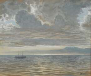 Unbekannter Künstler um 1900 "Maritime Szene mit Sonnenuntergang", Aquarell/Gouache, weiß gehöht, u.r. sign. (Marcil?), 27x32cm (m.R. 41,5x46cm)