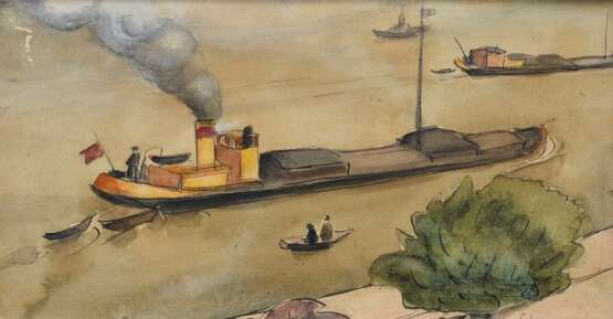 Wohlwill-Thomae, Emmy (1883-1961) "Frachtschiff", Aquarell/Feder/Bleistift, u.r. monogr., 18x34,2cm (m.R. 19,5x37,5cm), kleine Defekte der Maloberfläche, Provenienz: Slg. Fam. Wohlwill - Foto 1