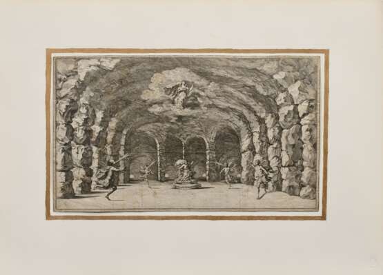 5 Küsel, Matthäus (1629-1681) "Caverna d‘Eolo (11. Blatt), Valle co‘l fiume Xanto (12. Blatt), Cedrara (16. Blatt), Anfiteatro (15. Blatt)", Bühnenbilder aus der Oper "Il Pomo d’Oro" und ein unbekanntes "Bühnenbild", Kupferstiche, 3x i.d. Platte sign., n - Foto 4