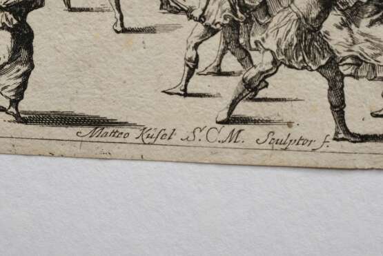 5 Küsel, Matthäus (1629-1681) "Caverna d‘Eolo (11. Blatt), Valle co‘l fiume Xanto (12. Blatt), Cedrara (16. Blatt), Anfiteatro (15. Blatt)", Bühnenbilder aus der Oper "Il Pomo d’Oro" und ein unbekanntes "Bühnenbild", Kupferstiche, 3x i.d. Platte sign., n - Foto 11