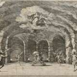 5 Küsel, Matthäus (1629-1681) "Caverna d‘Eolo (11. Blatt), Valle co‘l fiume Xanto (12. Blatt), Cedrara (16. Blatt), Anfiteatro (15. Blatt)", Bühnenbilder aus der Oper "Il Pomo d’Oro" und ein unbekanntes "Bühnenbild", Kupferstiche, 3x i.d. Platte sign., n - Foto 17