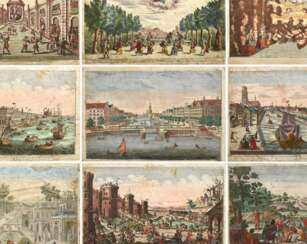 22 Küsel, Matthäus (1629-1681) zugeschrieben "Bühnen- und Guckkastenbilder", color. Kupferstiche, darunter: 5x "Josephslegende", 4x "Romulus und Remus", 4x "Weltwunder", 6x "Aus aller Welt", 3x "Oper", im Passepartout montiert, BM je ca. 32,5x43,5cm (m.P
