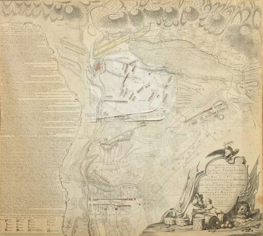Plan "Schlacht von Tonhausen bei Minden" 1759 (britische, preußische, braunschweigische, lüneburgische, französische und sächsische Truppen), colorierter Kupferstich mit zwei zusätzlich aufgeklebten, colorierten Karten zu verschiedenen… - Foto 1