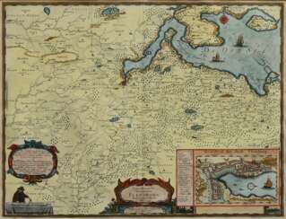 Mejer, Johannes (1606-1674) "Landtcarte von dem Ambte Flensborg ohne Nordgoeßherde. Anno 1648" (Flensburg und Umgebung), color. Kupferstich, mit stilisierter Grundrisskarte, gestochen von Matthias & Nicolas Peters (17.Jh.), 43,7x57,3cm (m.R. 63x75,5cm), 