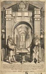 Kilian, Lucas (1579-1637) "Albrecht Dürer im Ruhmestempel", Kupferstich, auf Papier montiert, Slg.-Stempel (BvL unter Krone), BM 42,8x27cm (66,5x45cm), div. Defekte, ehem. Slg. Walter Vonficht/Allgäu