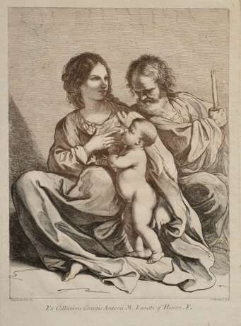 Bartolozzi, Francesco (1728-1815) "Heilige Familie", Radierung, u. i.d. Platte sign., nach Guercino da Cento (?), im Passepartout montiert, PM 40,7x28,7cm, BM 56x40,5cm (m.PP. 63x45cm), Altersspuren, ehem. Slg. Walter Vonficht/Allgäu - Foto 1