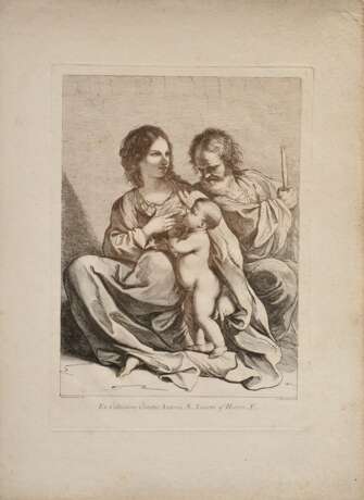 Bartolozzi, Francesco (1728-1815) "Heilige Familie", Radierung, u. i.d. Platte sign., nach Guercino da Cento (?), im Passepartout montiert, PM 40,7x28,7cm, BM 56x40,5cm (m.PP. 63x45cm), Altersspuren, ehem. Slg. Walter Vonficht/Allgäu - photo 2