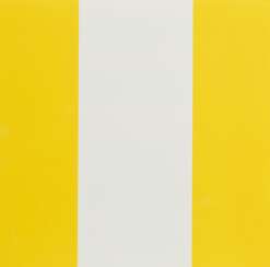 Buren, Daniel (*1938) "1000 Placements (gelb)" 1977, Hochdruckverfahren, verso Installationsanleitung (piece 98), aus Rubber Stamp Portfolio, 20,4x20,4cm, Hrsg. Museum of Modern Art, New York