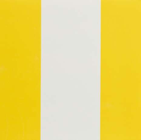 Buren, Daniel (*1938) "1000 Placements (gelb)" 1977, Hochdruckverfahren, verso Installationsanleitung (piece 98), aus Rubber Stamp Portfolio, 20,4x20,4cm, Hrsg. Museum of Modern Art, New York - Foto 1