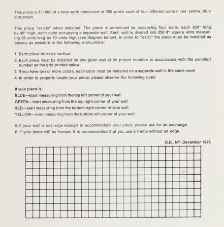 Buren, Daniel (*1938) "1000 Placements (gelb)" 1977, Hochdruckverfahren, verso Installationsanleitung (piece 98), aus Rubber Stamp Portfolio, 20,4x20,4cm, Hrsg. Museum of Modern Art, New York - фото 2