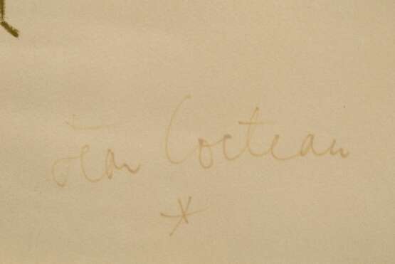 Cocteau, Jean (1889-1963) „Orphée" 1960, Farblithographie, 31/100, u. sign./num., i. Stein sign./dat., verso Klebeetikett Galerie Lochte & Co./Hbg., 68x55 (m.R. 74x60,5cm), leicht ausgeblichen - photo 3