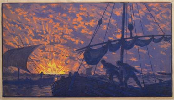 Falileeff, Vadim Dmitrievitch (1879-1950) "Fischer bei Sonnenuntergang", Farbholzschnitt, u.r. sign., im Passepartout montiert, PM 35x62,5cm, BM 37,5x64,5cm (m.PP. 50,5x77,5cm), Riss, rest. - Foto 1