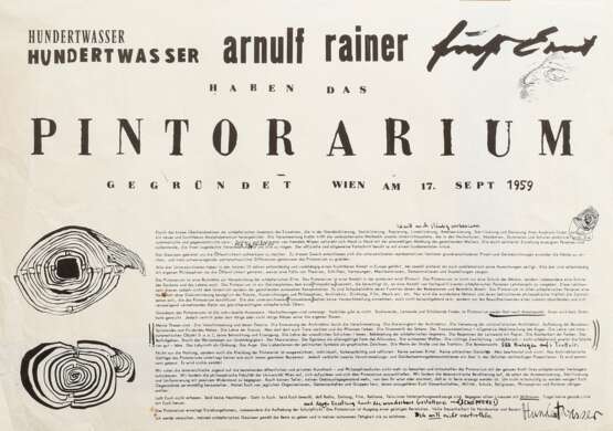 Hundertwasser, Friedensreich (1928-2000) Plakat "Pintorarium" 1959 (Manifest von Hundertwasser, Arnulf Rainer und Ernst Fuchs), im Druck sign., im Passepartout montiert, BM 42x59,5 (m.PP. 49,5x70cm), leicht knickspurig, fleckig - photo 1