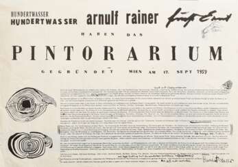 Hundertwasser, Friedensreich (1928-2000) Plakat "Pintorarium" 1959 (Manifest von Hundertwasser, Arnulf Rainer und Ernst Fuchs), im Druck sign., im Passepartout montiert, BM 42x59,5 (m.PP. 49,5x70cm), leicht knickspurig, fleckig