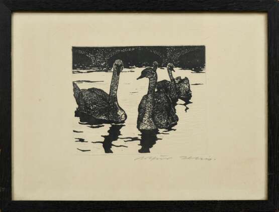 Illies, Arthur (1870-1952) "Schwäne" 1896, Radierung/Hochätzung, u.r. sign., PM 13,5x16,8cm (m.R. 26,5x35cm), vergilbt, min. fleckig - Foto 2